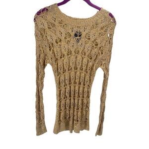 L.A Girl Womens Open Knit Sweater Sequins Crochet Embellished Gold Small NWT